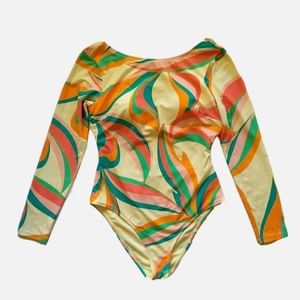 CUPSHE Dancing Ribbon Long Sleeve 1 pc Swimsuit Rash Guard Cross Back Large NWT